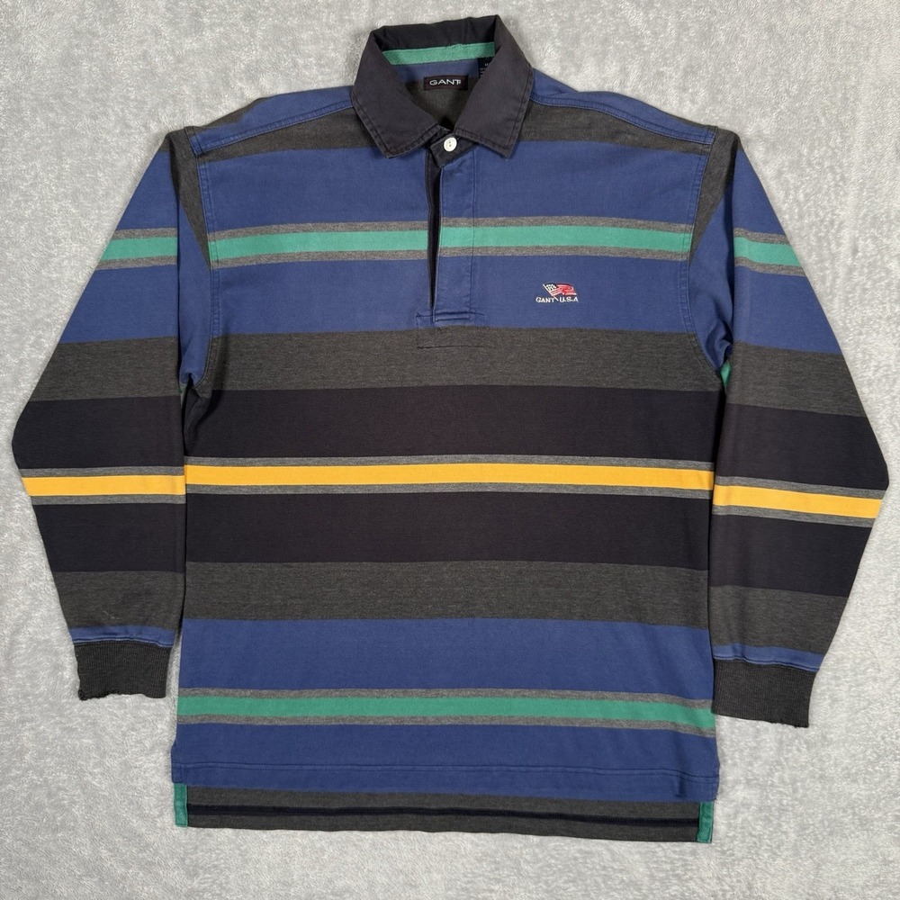 Vintage Gant Rugby Polo Shirt Mens Medium Blue Green Gray Long Sleeve‎ USA 90s